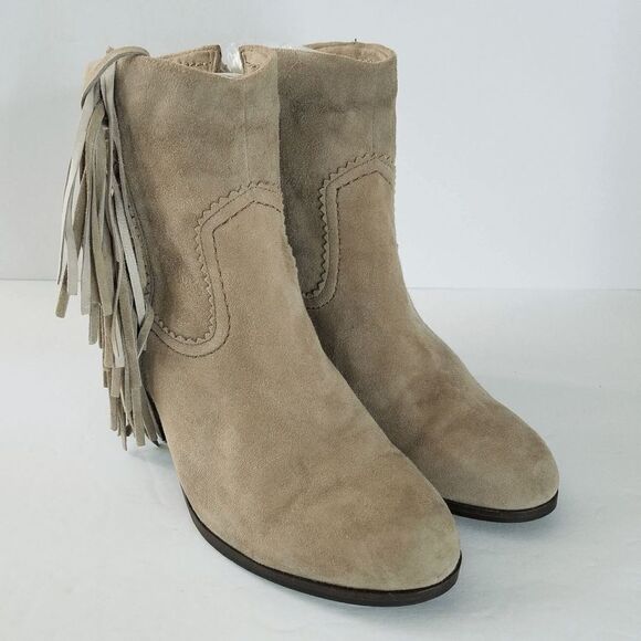 SAM EDELMAN Louie Suede Fringe Ankle Boots Booties Size Women’s 6M Putty Grey - Picture 1 of 9